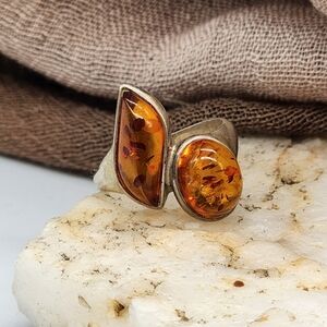 925 Sterling Silver Ring Natural Baltic Amber Honey Cognac Amber Jewelry